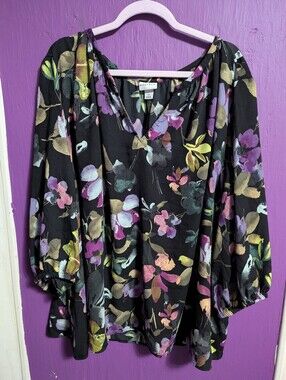 💜 Ava & Viv Black Purple Green Floral 3/4 Sleeve Blouse 4X 26